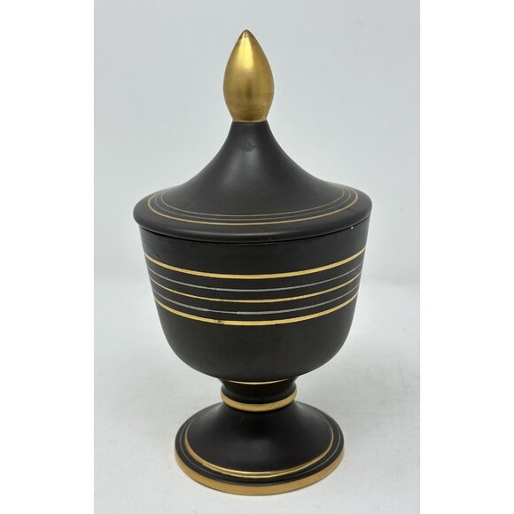Vtg VEE JACKSON CALIFORNIA 10" URN w/ FINIAL LID Black/Brown Gold Silver Lines - Picture 4 of 13